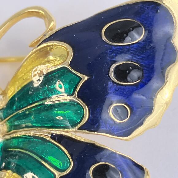 VTG 1980s Gold Tone Enamel Butterfly Brooch Blue Green Glass Rhinestone Pin - Picture 4 of 8